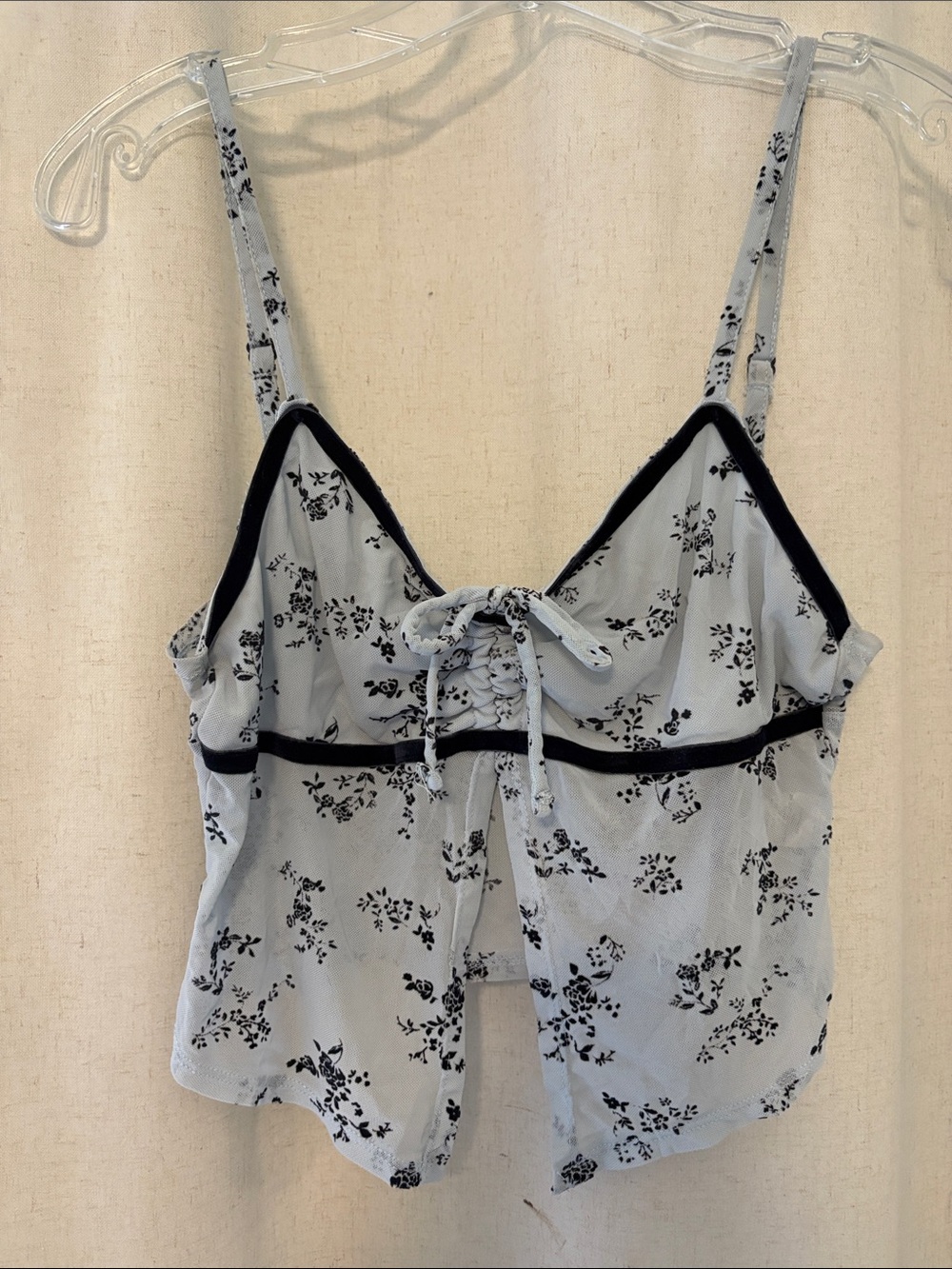 Light Blue Floral Tie-Front Camisole with Black Trim